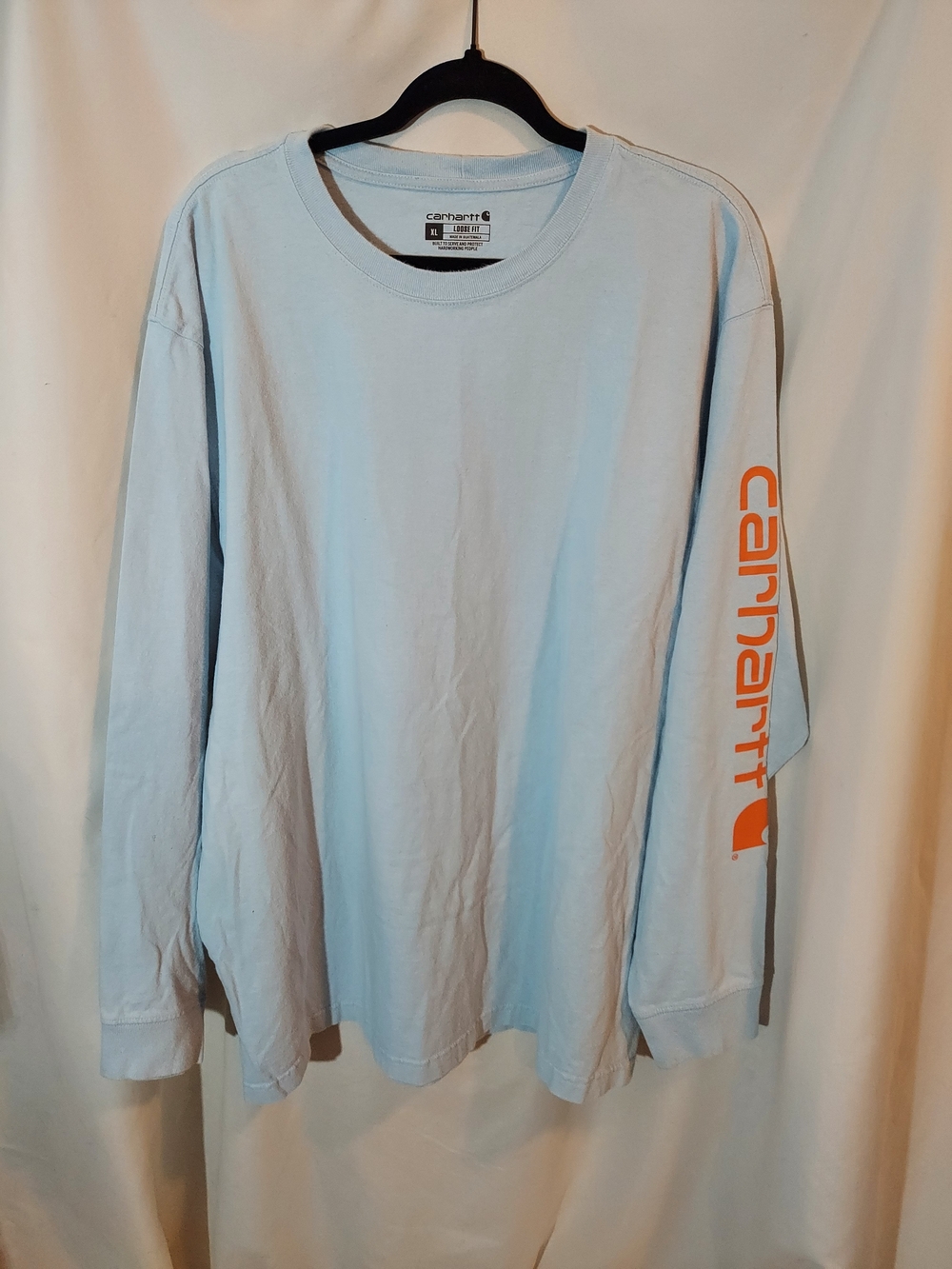 Carhartt Light Blue Workwear Long-Sleeve Tee with Orange Sleeve Logo